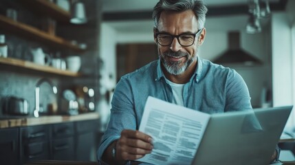 A mature man with glasses reads through documents in a modern kitchen filled with various utensils and decorative elements, exuding focus and contentment.