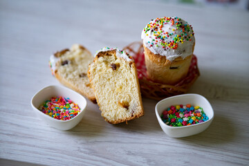 Delicious Easter kulich on a light background, showcasing homemade baking with a touch of warmth and coziness. Perfect for celebrating traditions and festive gatherings.