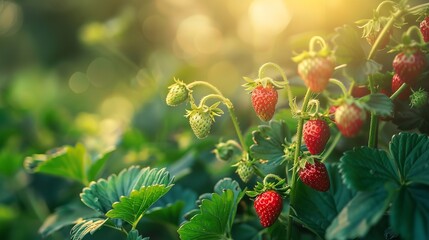 Obraz premium A farm's row of raw, green, unripe strawberries, Generative AI.