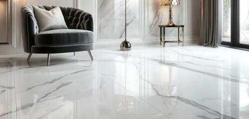 A polished white marble floor with silver veining, complemented by a luxurious velvet armchair and designer lighting.