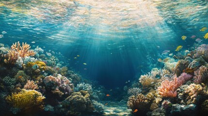 Naklejka premium Underwater view of a vibrant coral reef with colorful fish swimming through the clear blue water. Sunlight shines through the surface, illuminating the scene.