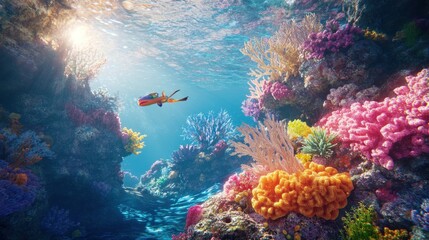 Naklejka premium Vibrant underwater scene with colorful coral reef and a fish swimming through the sunlit water.