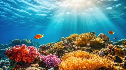 Naklejka premium Vibrant coral reef with colorful fish and sunbeams shining through the crystal clear water.
