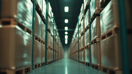Pallets wrapped in plastic are neatly arranged in an organized aisle of a warehouse, showcasing a structured and efficient industrial storage system.