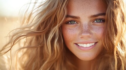Fototapeta premium A close-up of a woman with freckles and wavy hair, smiling gently in the golden sunlight, creating a warm and optimistic ambiance of natural beauty and joy.