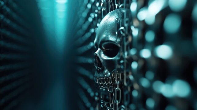 A mysterious abstract image featuring a skull amidst a shadowy corridor lined with chains, evoking a sense of eeriness and intrigue in its dimly lit setting.