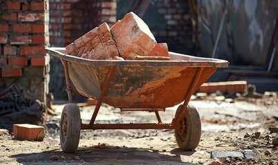 A wheelbarrow full with bricks at a building site, Generative AI.