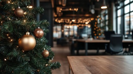 A cozy office setting adorned with a beautiful Christmas tree, sparkling lights, and modern furniture, offering a warm and inviting atmosphere for work.