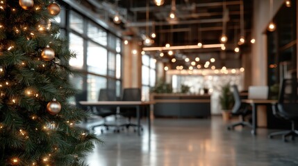 A modern office adorned with a festive Christmas tree, complete with golden lights and ornaments, creating a warm and inviting atmosphere for the holiday season.