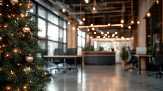 A modern office adorned with a festive Christmas tree, complete with golden lights and ornaments, creating a warm and inviting atmosphere for the holiday season.