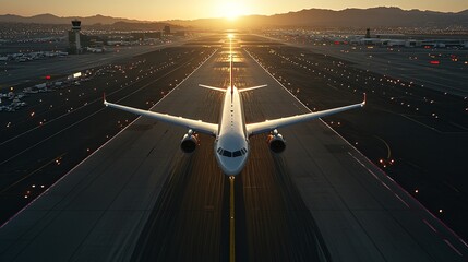 Fototapeta premium Golden Hour TakeoffA commercial airplane sits on the runway as the sun sets, casting a golden glow across the wings and reflecting off the asphalt, highlighting a serene and powerful pre-takeoff mom