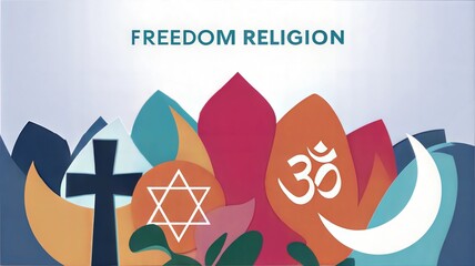 Colorful graphic representing freedom of religion and belief with various religious symbols