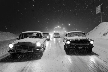 Vintage cars driving on snowy road at night