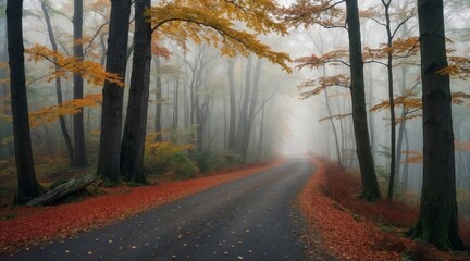Obraz premium forest path in autumn forest with fog