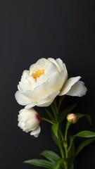 A single white peony with a yellow center and two buds is shown against a dark background