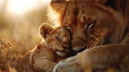 Fototapeta premium A lioness and her cub share an intimate, peaceful moment, nestled together warmly in the golden glow of sunset, highlighting their tender, familial bond.