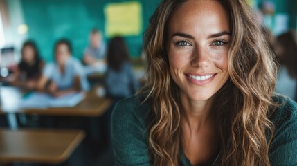 An elegant woman with wavy hair smiles confidently in a classroom setting. The background of students creates a sense of community and learning environment.