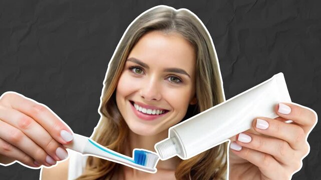 Young woman smiling with one hand squeezing toothpaste and other hand bringing toothbrush. Dental care concept. Stop motion animation on black paper background