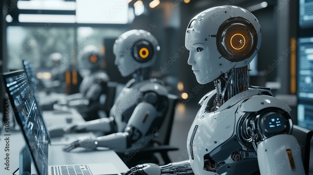 Aufkleber Three humanoid robots working on computers in a modern office environment.