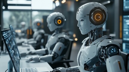 Fototapeta premium Three humanoid robots working on computers in a modern office environment.