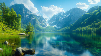 Fototapeta premium Tranquil Mountain Lake Landscape with Clear Water, Snow-Capped Peaks, and Lush Greenery for Nature Photography and Travel Inspiration