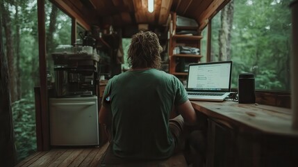 Naklejka premium A man sits at a desk inside a cozy wooden cabin, working on a laptop surrounded by nature. The atmosphere is serene and isolated, perfect for focus.