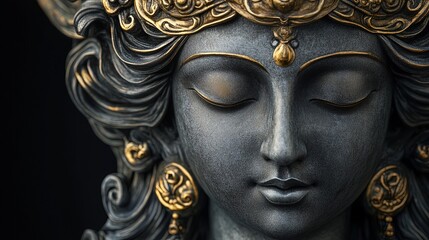 Fototapeta premium Serene Meditative Figure: An Elegant Antique Statue with Golden Highlights – Perfect for Enhancing Spiritual Atmosphere in Modern Spaces or as a Striking Wall Poster for Home Decor.