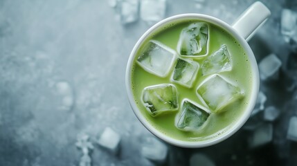 Refreshing iced matcha latte in a white mug on a cold day