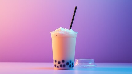 Bubble tea with whipped cream and straw on gradient background