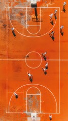 basketball court, top view, a ball in a basket, space for text.