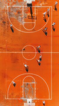 basketball court, top view, a ball in a basket, space for text.