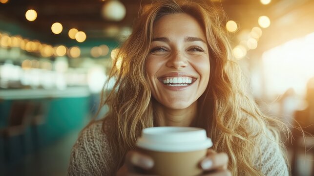 A cheerful woman smiles brightly while holding a coffee cup inside a lively café, capturing a moment of happiness and social warmth in a welcoming setting.