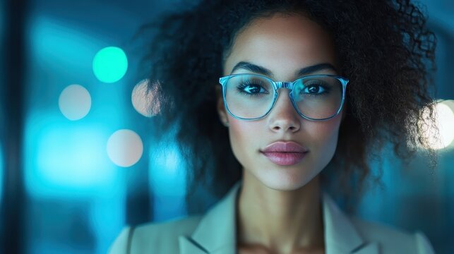 A business professional with distinctive large glasses is poised against a contemporary office backdrop, showcasing intellect and poise in a thriving work environment.