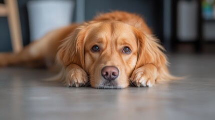 An adorable golden retriever lies on the floor with a calm expression, showcasing its soft fur and expressive eyes in a cozy indoor setting.