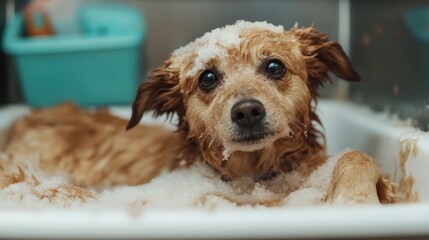 A cute wet dog gets a bath, covered in soapy foam, standing alert and curious in a bathroom, epitomizing cleanliness and care in a playful environment.