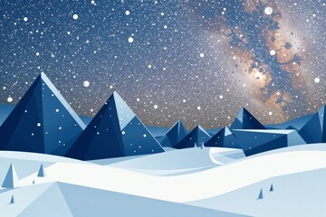 Fototapeta premium Geometric winter landscape with mountains and starry night sky 