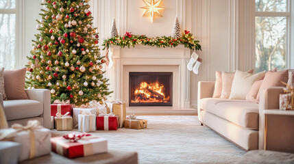 Cozy living room decorated for Christmas with a tree and fireplace glowing warmly. Generative AI