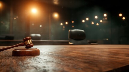 A close-up of a courtroom setting with a gavel placed prominently on a polished wooden desk, surrounded by dim lighting, creating a focus on justice representation.
