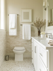 a small modern bathroom with Soft, neutral colors 