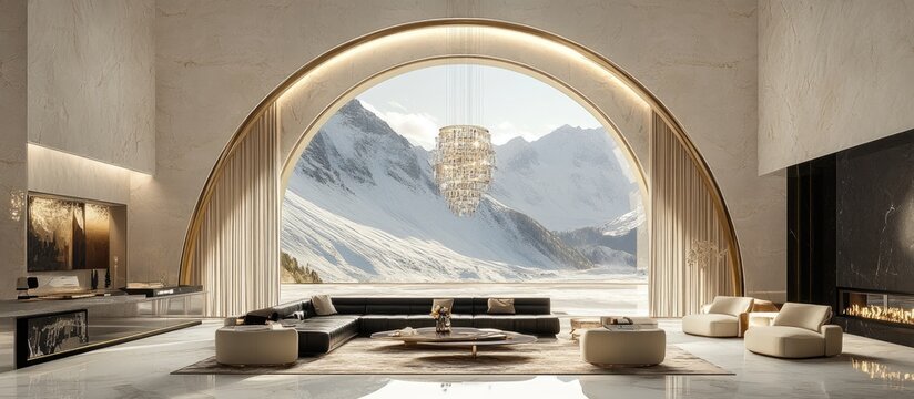 Modern living room interior with a large arched window overlooking a snowy mountain range.