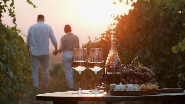 Silhouette of couple walking in nature holding hands at sunset. Back view of woman and man dating outdoors in vineyards having picnic with white wine bunch of grapes and cheese