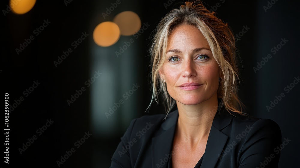 Wall mural a confident woman dressed in formal attire stands in a business setting, the focus on her poised exp