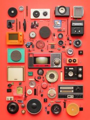 Colorful Retro Electronics Layout: Disassembled Radios, Speakers, and Vintage Tech Components on Red Background