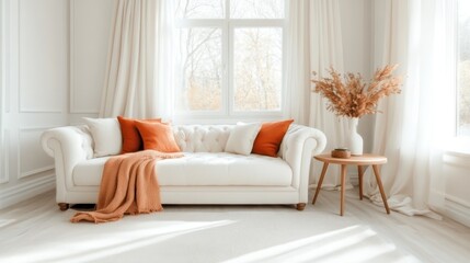 A bright and airy living room features a plush white sofa adorned with orange pillows and a throw, along with a wooden side table and elegant floral arrangement.