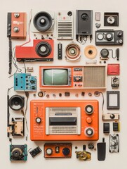 Fototapeta premium Retro Electronics Flat Lay: Vintage Radios, TV, and Audio Components Arranged on a Neutral Background