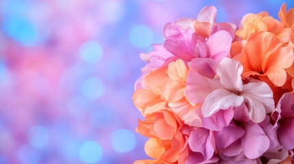 Obraz premium A close-up view of a bouquet featuring soft petals in shades of pink, purple, and orange set against a dreamy, blurred background creating a tranquil ambiance