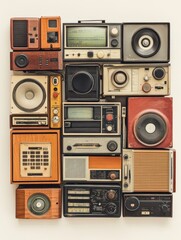 Fototapeta premium Retro Electronics Collection: Vintage Radios, Speakers, and Audio Devices Arranged on a Neutral Background