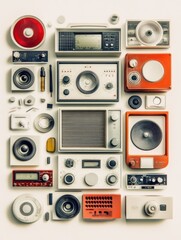 Stylized Layout of Vintage Radios and Audio Devices: Retro Electronics Displayed on a Minimalist Background