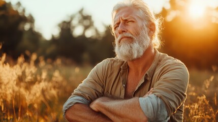 An elderly man with a thoughtful expression stands in a field during sunset, symbolizing contemplation, wisdom, aging, and the passage of time against nature's backdrop.