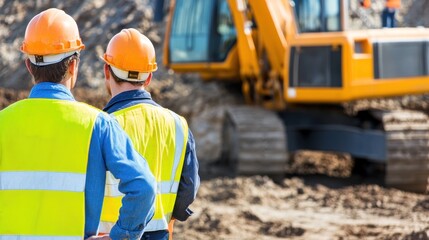 Two construction workers in safety vests stand with their backs to the viewer, watching heavy machinery work on a construction site, highlighting teamwork and focus on the task